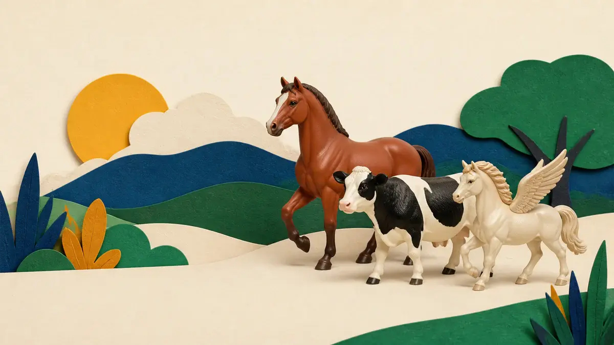 Dyrefigurer af en hest, ko og vinget fantasihest i et farverigt papirlandskab