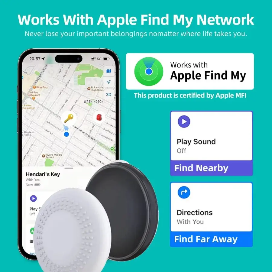 Busters GPS Tracker Find My Tag i lille rund udgave til nøgler og tasker