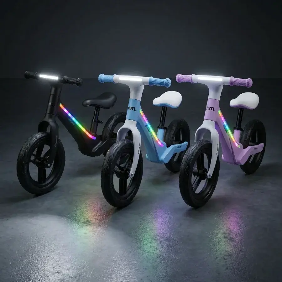 Sort Glimmt løbecykel med indbygget LED-lys i stellet